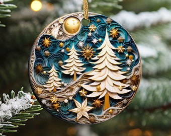 Christmas Ornament, Christmas Decoration and Tree Ornament, Ceramic Ornament with Blue, Gold and White Christmas tree