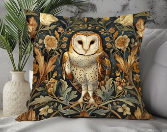 Enchanting William Morris Style Square Pillow with Barn Owl Design, Decorate with Magic!