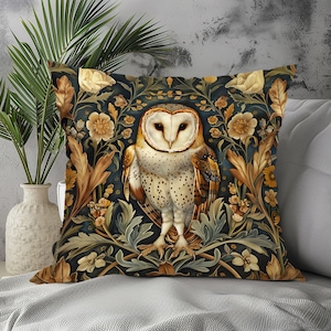 Enchanting William Morris Style Square Pillow with Barn Owl Design, Decorate with Magic!
