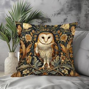 William Morris Style Owl Throw Pillow Cover, Arts and Crafts Woodland Cushion, Vintage Botanical Owl Decor, Cottagecore Pillow