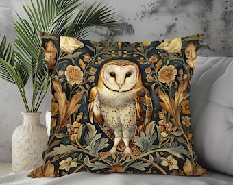 Sierkussenhoes uil in William Morris-stijl, Arts and Crafts Woodland-kussen, vintage botanische uildecor, Cottagecore-kussen