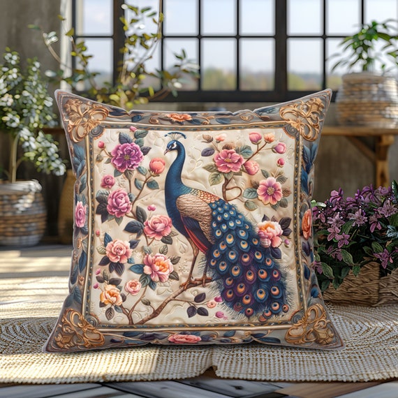 Regal Peacock Throw Pillow Elegant Home Decor Accent Retro Bird Design Decorative Cushion Cover 14x14 16x16 18x18 20x20 Etsy