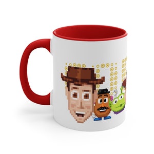 Toy Story Characters Woody Buzz Jessie Rex Mr Potato  Little Green Aliens Heads Pixel Disney Chibi Pot Accent Coffee Mug, 11oz