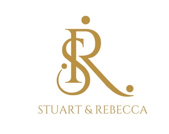 May include: Gold monogram logo with the letters "SR" intertwined and the text "STUART & REBECCA" below.