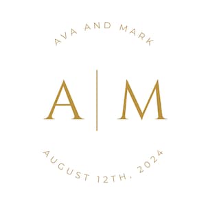 May include: Gold wedding invitation with the text "Ava and Mark" in a circle above the initials "A|M" and the date "August 12th, 2024" in a circle below.