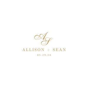 May include: A wedding announcement with a gold calligraphy monogram of the letters "A" and "S" intertwined. The text "Allison + Sean" and the date "05.23.24" are below the monogram.