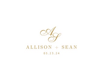 May include: A wedding announcement with a gold calligraphy monogram of the letters "A" and "S" intertwined. The text "Allison + Sean" and the date "05.23.24" are below the monogram.