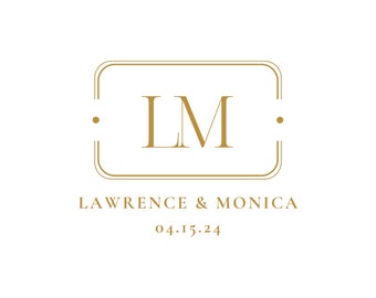 May include: Gold monogram wedding invitation with the initials LM in a double-lined square frame. The text "Lawrence & Monica" and the date "04.15.24" are below the monogram.