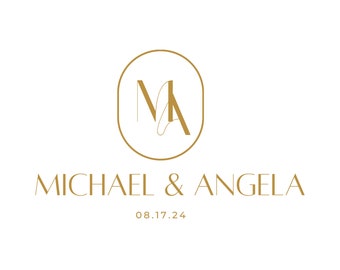 May include: A gold monogram logo with the letters "M" and "A" intertwined inside a circle. The text "MICHAEL & ANGELA" is below the logo, and the date "08.17.24" is below the text.