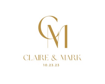 May include: Gold monogram logo with the letters "CM" intertwined. The text "Claire & Mark" and the date "10.23.23" are below the monogram.