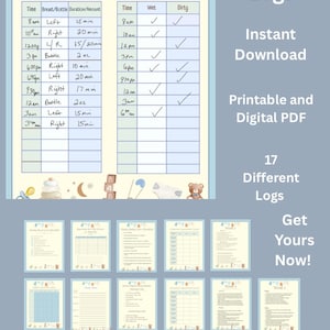 May include: A digital PDF with baby care logs, including feeding and diaper tracking. The printable download features 17 different logs, with a free postpartum journal. The design is light blue with baby-themed illustrations.