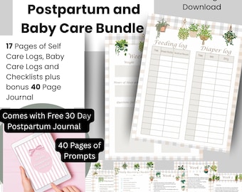 Postpartum Journal, Breastfeeding Log & Baby Care Tracker Bundle (Printable PDF) Post Pregnancy Journal