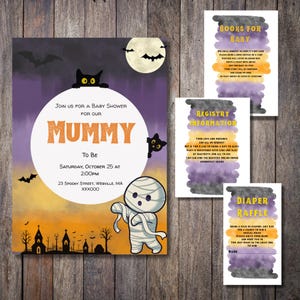 May include: Halloween-themed baby shower invitation featuring a mummy cartoon, black cats, bats, and a full moon. The invitation includes event details, plus inserts for books, registry, and diaper raffle information.