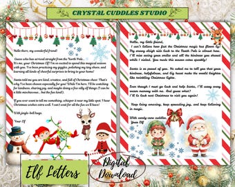 Può includere: Lettere di Elfo digitali con illustrazioni e testo festivi. Il design presenta un pupazzo di neve, un elfo, una renna e Babbo Natale. Le lettere sono decorate con alberi di Natale, fiocchi di neve e bastoncini di zucchero. Il testo dice "Elf Letters" e "Digital Download."