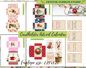 May include: A digital download of a Cardholder Advent Calendar with various festive designs. The envelope size is 2.25" x 3.25". The image includes illustrations of Santa Claus, reindeer, and Christmas trees. Text includes "Crystal Cuddles Studio" and "Digital Download".