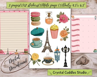 Paris Planner Stickers, Eiffel Tower, Macarons, Note Page (Digital Download)