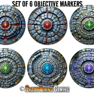May include: Set of six objective markers with a stone-like design. Each marker features a central glowing emblem in red, green, blue, or purple, surrounded by a circular pattern. The text "SET OF 6 OBJECTIVE MARKERS" is at the top.