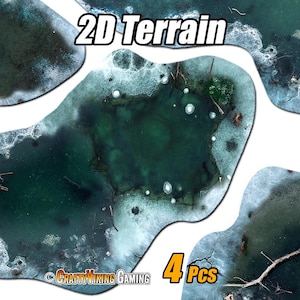 May include: A set of 4 pieces of 2D terrain featuring a dark green and icy blue pond design with white frost textures, bubbles, and scattered twigs. The text 2D Terrain and 4 Pcs CraftyVikingGaming is printed on the white background around the shapes.