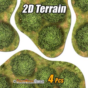 May include: A set of four 2D terrain pieces featuring printed green shrubbery and grassy ground textures. The text 2D Terrain is displayed at the top, and the text 4 Pcs and CraftyViking Gaming are visible at the bottom of the game components.