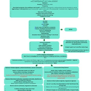 May include: A medical flowchart titled Dyspepsia detailing symptoms, alarm signs, referral criteria, and treatment options including Gaviscon, Mylanta, Rennie, and Pantoprazole. The diagram outlines patient assessment, medication dosages, adverse effects, and lifestyle factors.