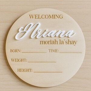 Personalized Wooden Baby Birth Announcement Sign with Name, Hello World Plaque and Monthly Milestone Discs for Newborn Photos