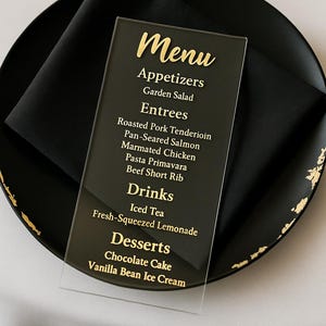 Custom Acrylic Wedding Menu Card or Event Dinner Menu with Personalized Text Elegant Clear Design for Reception or Party
