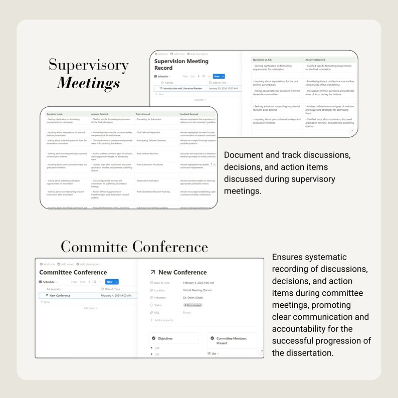 May include: A screenshot of a computer screen showing a calendar interface for scheduling supervisory meetings and committee conferences. The calendar interface has a blue and white color scheme and includes a list of meeting topics, dates, and times.