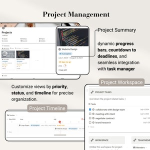 May include: A digital project management interface with features including project timelines, task lists, and progress tracking. The interface displays project summaries with dynamic progress bars and countdowns. Text on the screen includes "Website Design" and "Project Workspace."