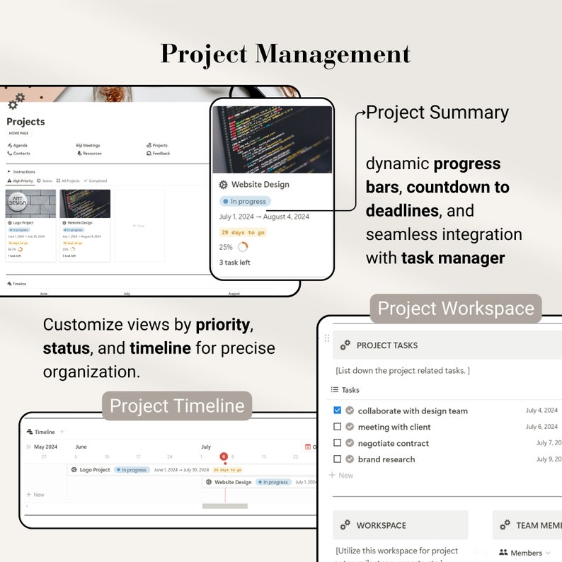 May include: A digital project management interface with features including project timelines, task lists, and progress tracking. The interface displays project summaries with dynamic progress bars and countdowns. Text on the screen includes "Website Design" and "Project Workspace."