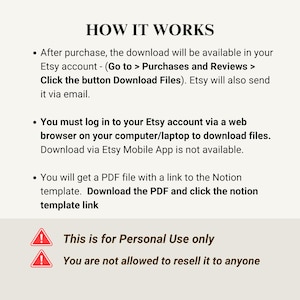 May include: A digital download instruction guide with a red exclamation point warning that the product is for personal use only and cannot be resold. The text "HOW IT WORKS" is at the top of the image.