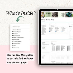 Op de afbeelding: Een digitale fitnessplanner met een groene en witte interface. De planner bevat secties voor trainingsschema's, trainingstrackers, maaltijdplannen en dagelijkse gewoonten. De tekst "Fitness Planner (PLR)" wordt bovenaan het scherm weergegeven.