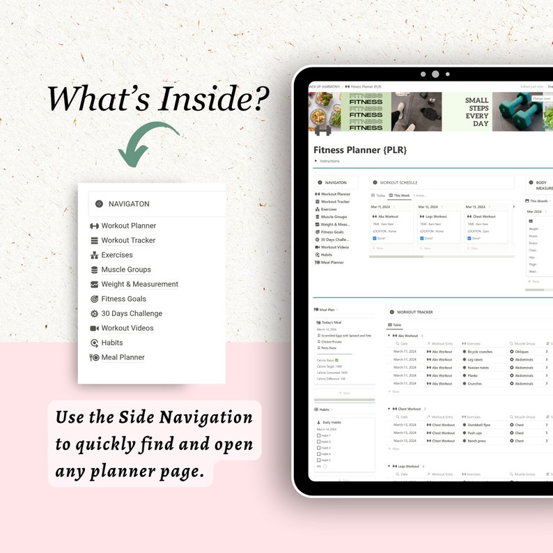 Op de afbeelding: Een digitale fitnessplanner met een groene en witte interface. De planner bevat secties voor trainingsschema's, trainingstrackers, maaltijdplannen en dagelijkse gewoonten. De tekst "Fitness Planner (PLR)" wordt bovenaan het scherm weergegeven.