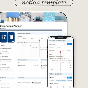 May include: A screenshot of a Notion page with a dissertation planner template. The page includes a timeline, a to-do list, and a calendar. The template is designed to help users organize their dissertation writing process.