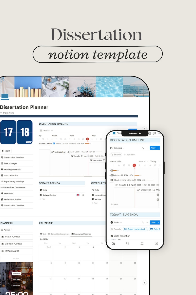 May include: A screenshot of a Notion page with a dissertation planner template. The page includes a timeline, a to-do list, and a calendar. The template is designed to help users organize their dissertation writing process.