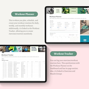 Op de afbeelding: Een digitaal scherm dat een trainingsplanner en een tracker weergeeft. De planner heeft een kalenderweergave met de maand maart 2024 gemarkeerd. De tracker heeft een tabel met kolommen voor datum, trainingstype, sets, herhalingen en notities.