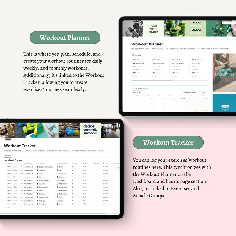 Op de afbeelding: Een digitaal scherm dat een trainingsplanner en een tracker weergeeft. De planner heeft een kalenderweergave met de maand maart 2024 gemarkeerd. De tracker heeft een tabel met kolommen voor datum, trainingstype, sets, herhalingen en notities.