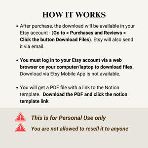 May include: A beige graphic with black text that reads "HOW IT WORKS" followed by instructions on how to download a file after purchase. The text also includes a warning about personal use only and not reselling the file.
