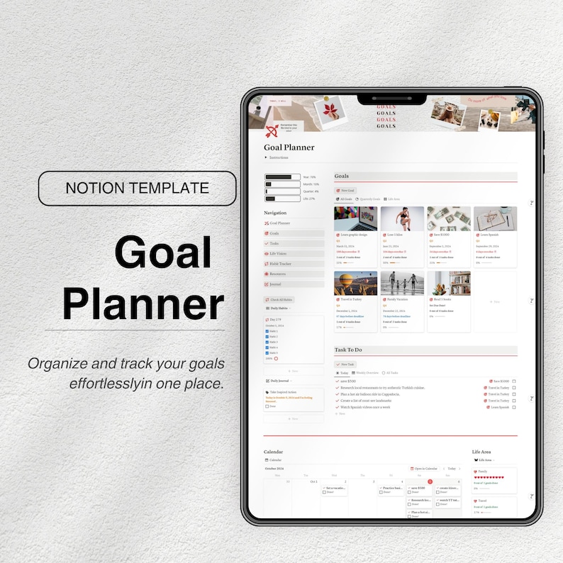May include: A screenshot of a Notion template for goal planning. The template includes sections for goals, tasks to do, a calendar, and life areas. The template is designed to help users organize and track their goals.