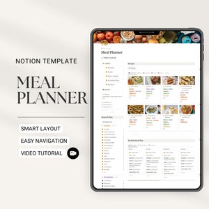 May include: A Notion template for meal planning, with a smart layout, easy navigation, and a video tutorial. The template includes sections for recipes, a weekly meal plan, and a grocery list.