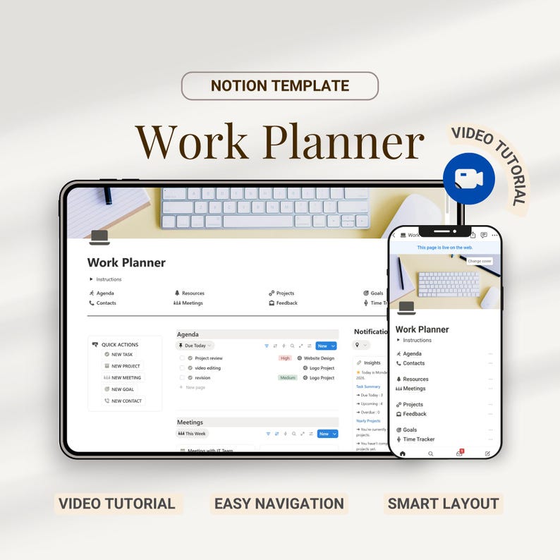 Notion Work Planner Template: Daily Task & Project Management (Digital Download) image 1