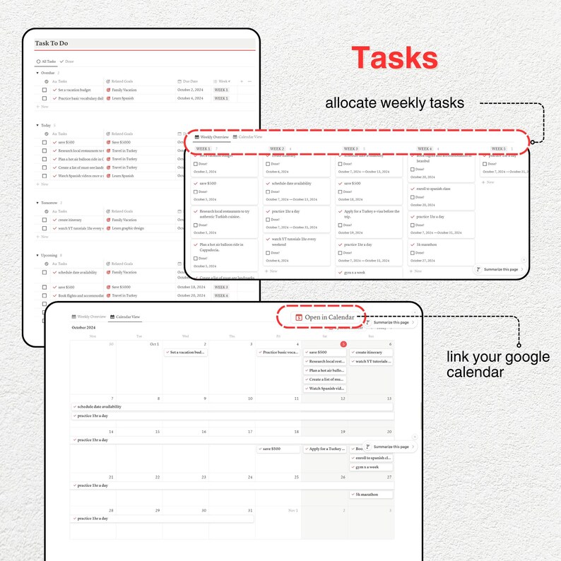 May include: A printable planner page with a calendar and a to-do list. The calendar is for October 2024 and the to-do list is divided into sections for "All Tasks", "Today", "Tomorrow", "Appointments", "Upcoming", and "Schedule". The page also includes a section for "Weekly Overview" with a grid for allocating tasks for each week of the month. The text "Open in Calendar" is highlighted in red.