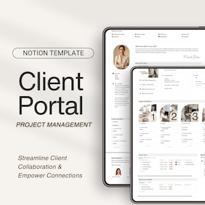 Puede incluir: Una plantilla de Notion para un portal de clientes, con el texto "Client Portal" y "Project Management" en fuente grande y negrita. La plantilla está diseñada para optimizar la colaboración con los clientes y fortalecer las conexiones. La imagen muestra una captura de pantalla de la plantilla, que incluye secciones para el flujo de trabajo del proyecto, los miembros del equipo, las tareas, las programaciones de reuniones, etc.
