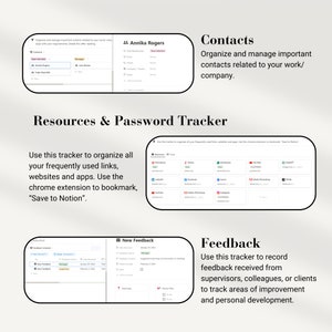 May include: A digital planner interface with sections for contacts, resources, and feedback. The contact section displays names and roles. The resources section lists website and app icons. The feedback section includes dates and action plans.