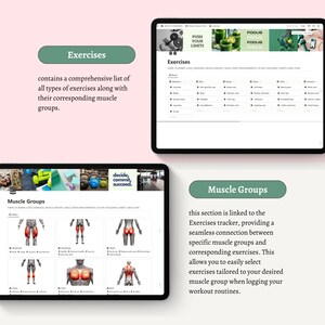Op de afbeelding: Schermafbeelding van een fitness-app met een groene knop waarop "Oefeningen" staat. De app bevat een uitgebreide lijst met oefeningen en spiergroepen. De tekst "beslissen, committeren, slagen" wordt op het scherm weergegeven.