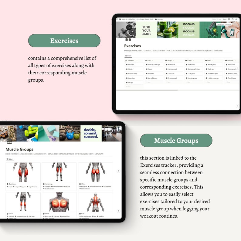 Op de afbeelding: Schermafbeelding van een fitness-app met een groene knop waarop "Oefeningen" staat. De app bevat een uitgebreide lijst met oefeningen en spiergroepen. De tekst "beslissen, committeren, slagen" wordt op het scherm weergegeven.