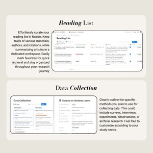 May include: A screenshot of a computer screen showing a Notion workspace with a reading list and a data collection section. The reading list section has a table with columns for title, author, citation, and notes. The data collection section has a table with columns for data source, data collected, date collected, and notes.