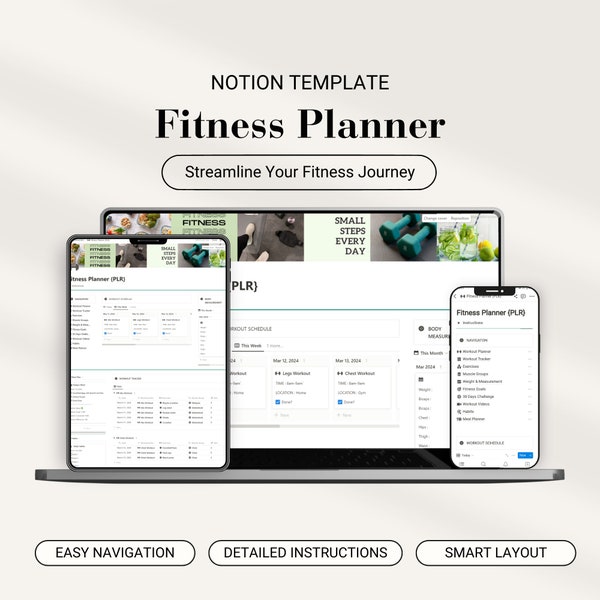 PLR Digital Fitness Planner Notion Template Gym Workout Tracker Notion Weekly Meal Planner Weight Loss Challenge Notion PLR Resell Rights