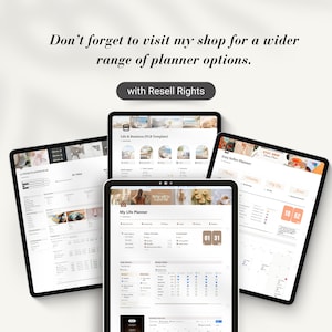 May include: Three digital planner templates displayed on tablet screens. The planners are titled "My Life Planner", "Life & Business (PLR Template)", and "Etsy Seller Planner". The planners feature a variety of sections for scheduling, goal setting, and tracking progress.
