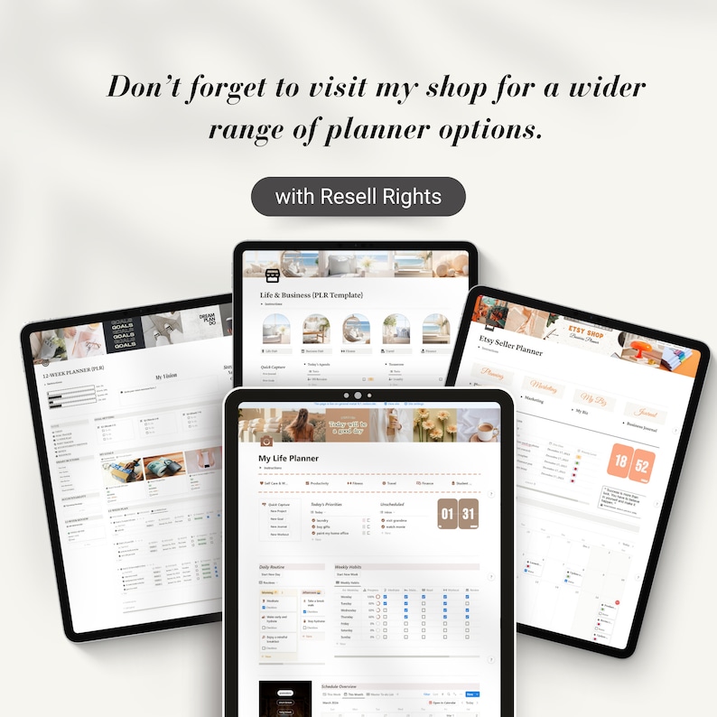 May include: Three digital planner templates displayed on tablet screens. The planners are titled "My Life Planner", "Life & Business (PLR Template)", and "Etsy Seller Planner". The planners feature a variety of sections for scheduling, goal setting, and tracking progress.