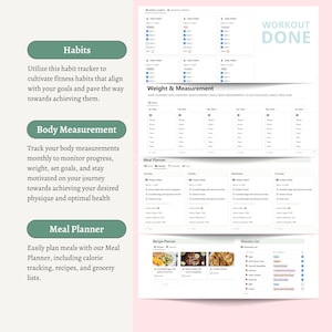 Op de afbeelding: Een roze en groene printbare workoutplanner met de woorden "Workout Done" bovenaan. De planner bevat secties voor gewoontes, lichaamsmetingen, maaltijdplanning, recepten en een boodschappenlijst.
